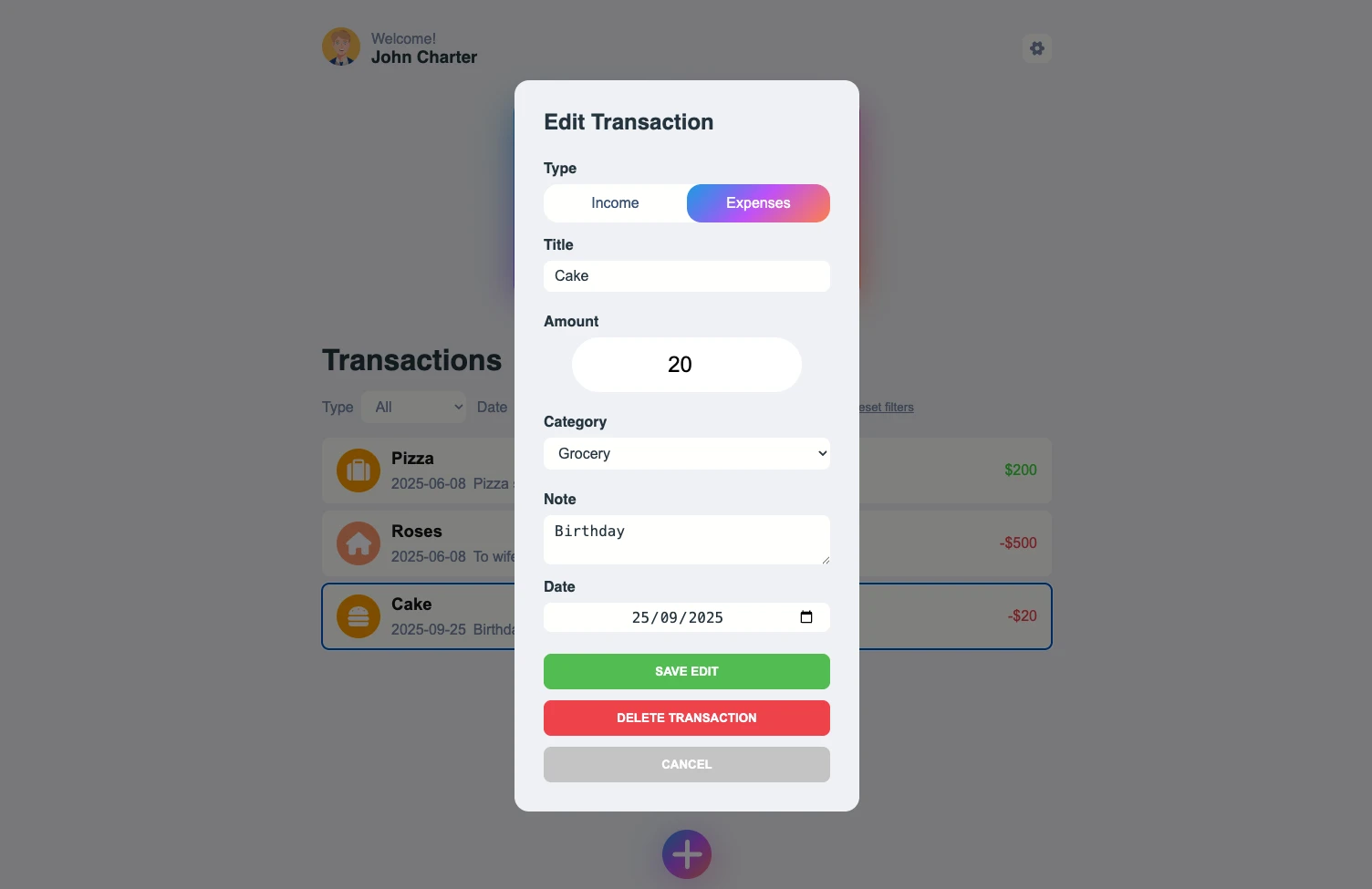 Expense Tracker project screenshot 3 - Expense Tracker Edit Desktop